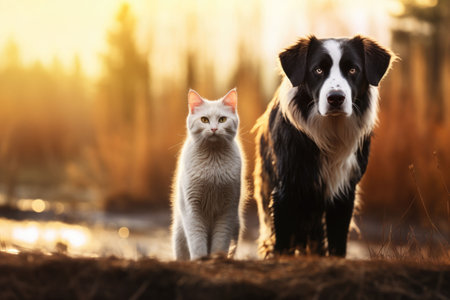 White cat and black dog together. Best friends. AI generated illustrationの素材