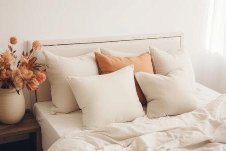 Cozy bedroom setup with pillows and an upholstered headboard. Fall minimalist simple composition. AI generated illustrationの素材