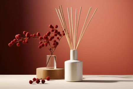 A reed diffuser placed on a table. A simple composition with berries in the background. Generative AI illustrationの素材