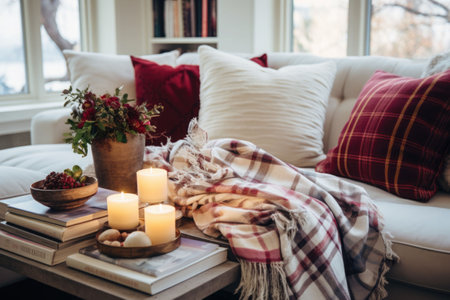 Cozy winter living room interior with beige sofa, knitted blanket and plaid cushions. AI generated illustrationの素材