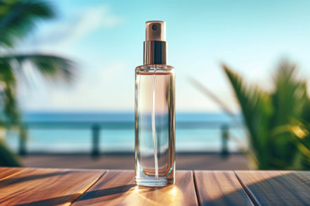 Glass cosmetic spray bottle on the table in morning rays with ocean on blurred background. Generative AI illustrationの素材