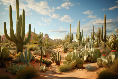 A desert full of cactus. Panorama with dry desert cactuses. Generative AI illustrationの素材