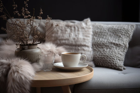 Nordic living room. Coffee and blanket on the sofa with fur cushions. Generative AI illustrationの素材