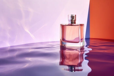 A bottle of perfume on a colorful background with hard shadow and water reflection. Minimalism style. AI generated illustrationの素材