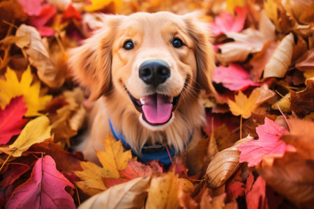 Pet dog in colorful autumn leaves. Generative AI illustrationの素材