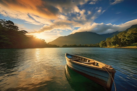 The morning sun shone on the lake and the boat swayed gently. Generative AI illustrationの素材