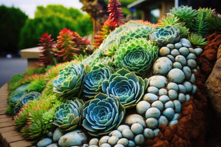 Succulent landscaping garden with rocks and variety of cactus at the flower dome. Generative AI illustrationの素材