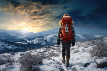 Woman dressed in warm winter sportswear with tourist backpacks walking in the mountains. Generative AI illustrationの素材