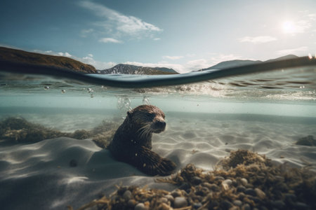 A cute sea otter swimming underwater. Waves on a sandy beach above water. Generative AI illustrationの素材