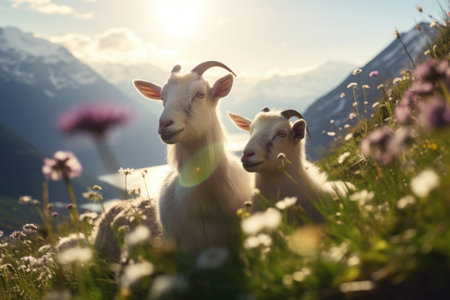 Goat on the flowered meadows. Nature with wild flowers and mountains in the background. Generative AI illustrationの素材