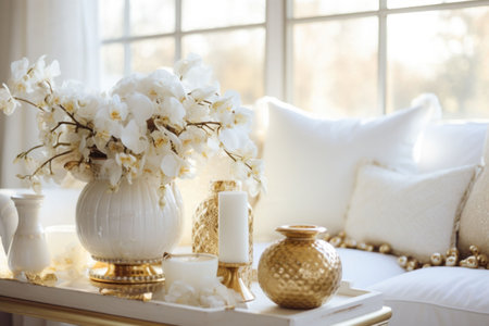 White and gold home autumn decoration. Flowers stand in a vase on the table next to the luxury sofa. Elegant home decor. Generative AI illustrationの素材