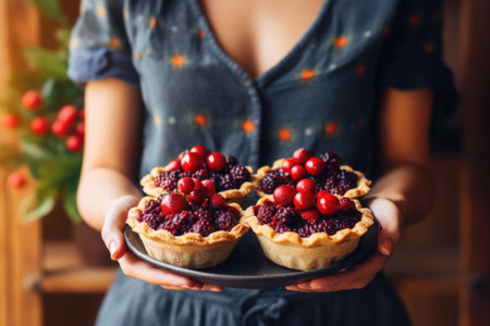 A freshly baked berry pie in the hands of a woman. Generative AI illustrationの素材