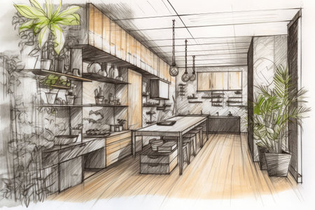 Detail focused hand drawn sketch of the interior of a sleek modern home. Generative AI illustrationの素材