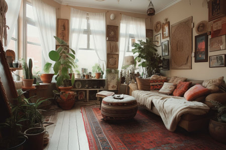Ornate cozy bedroom in bohemian style. Pillows, plants in flower pot, sofa, carpets and decor on wall. Generative AI illustrationの素材