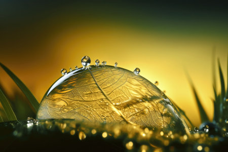 Transparent drop of water on a leaf macro. Drops of dew in the morning glow in the sun. Light yellow nature background. Generative AI illustrationの素材