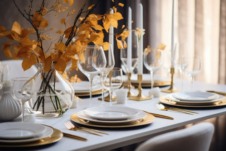 Autumn table setting. A sleek dining table adorned with colorful leaves, candles. Minimalist white and gold decor. Generative AI illustrationの素材