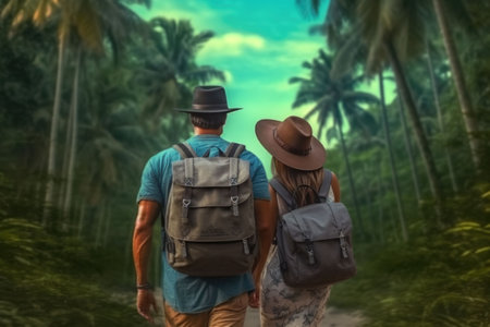 Traveling man and woman with backpack in summer tropical background. Generative AI illustrationの素材