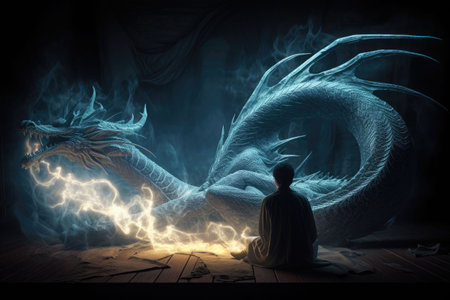 A fabulous dream about a dragon. A man watches a large dragon fly in the bedroom in the smoke next to the bed. Generative AI illustrationの素材