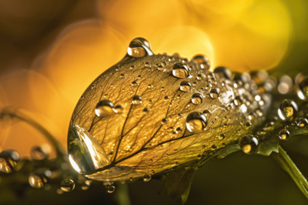 Transparent drop of water on a leaf macro. Drops of dew in the morning glow in the sun. Light yellow nature background. Generative AI illustrationの素材