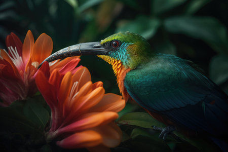 Colored tropical bird and beautiful surreal flowers. Generative AI illustrationの素材
