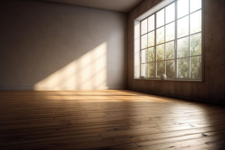 Living room with sunlight shine through a sliding door, wooden floor, gray wall. Generative AI illustrationの素材