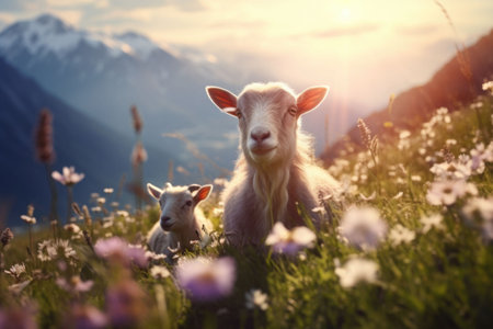Goat on the flowered meadows. Nature with wild flowers and mountains in the background. Generative AI illustrationの素材