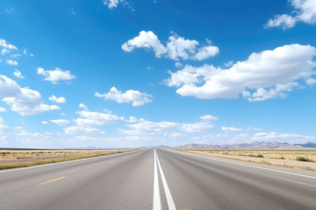 Highway and a blue sky. Asphalt road and beautiful countryside landscape. AI generated illustrationの素材