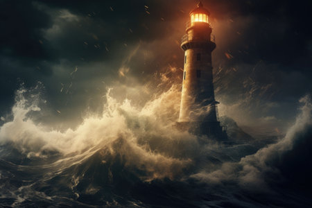A lighthouse standing against a raging storm. Lighthouse in stormy landscape. Generative AI illustrationの素材