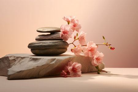 Flowers and stones. Cosmetic display stand with blossom flowers on pastel background. Generative AI illustrationの素材
