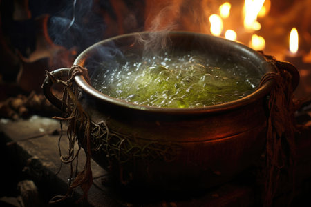 Bubbling cauldron in a dark witchs lair. AI generated illustrationの素材