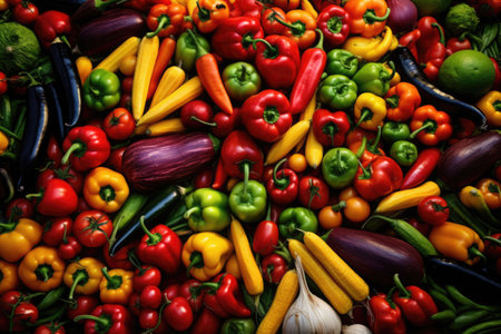 A marketplace with colorful fresh fruits and vegetables piled high. Generative AI illustrationの素材