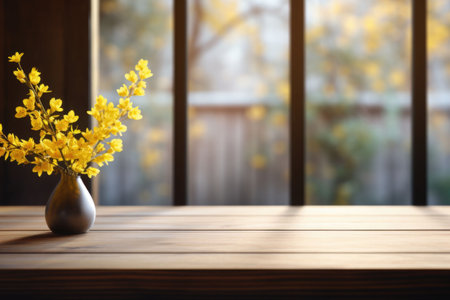 A wooden table top in front of a window with yellow flowers. Generative AI illustrationの素材
