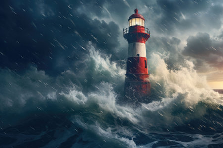 A lighthouse standing against a raging storm. Lighthouse in stormy landscape. Generative AI illustrationの素材