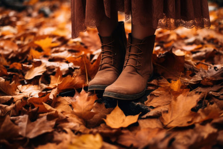 Autumn shoes in the fall foliage. Leaf fall. Autumn walks through fallen leaves. Generative AI illustrationの素材