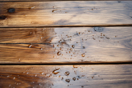The wet wooden surface. Wood table background with rain water droplets. Generative AI illustrationの素材
