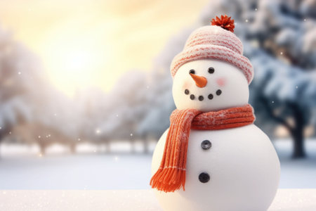 Happy snowman standing in winter christmas landscape. Snowy blurred background. Generative AI illustrationの素材
