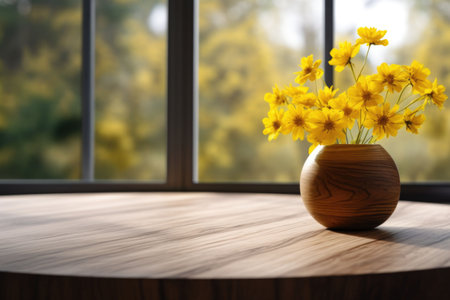 A wooden table top in front of a window with yellow flowers. Generative AI illustrationの素材