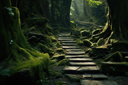 A moss covered old stone pathway in a forest. Mystic atmosphere. Generative AI illustrationの素材