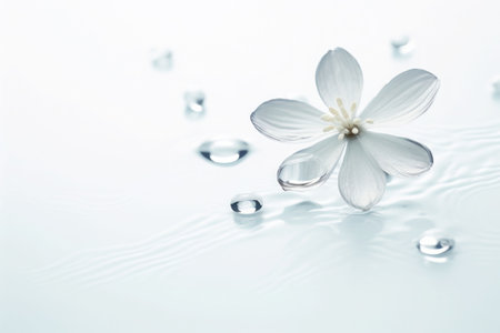 Water drops on white clean flower in a naturally bright environment. Minimalist background. Generative AI illustrationの素材