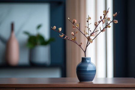 Simple minimal elegant scene with vase and flowers on deep dark background. Home staging, minimal decor concept. Generative AI illustrationの素材