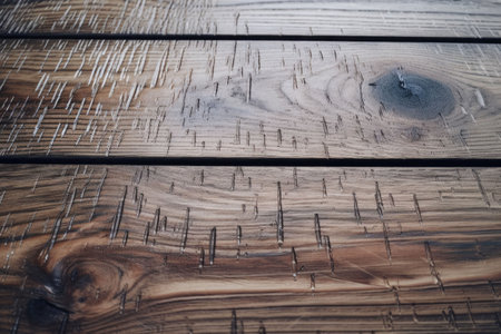 The wet wooden surface. Wood table background with rain water droplets. Generative AI illustrationの素材