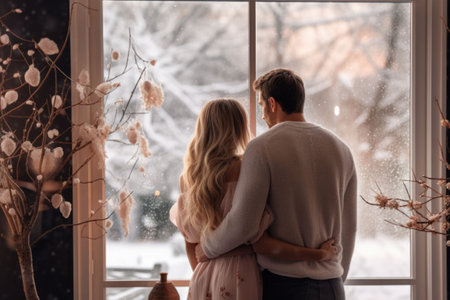 Couple looks out of the window at the snow covered outdoors, back view. Generative AI illustrationの素材