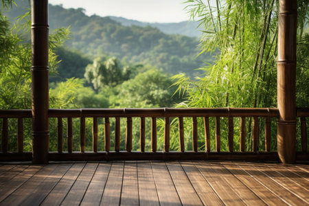 Balcony view of the bamboo forest, blurred mountains in the background. Generative AI illustrationの素材