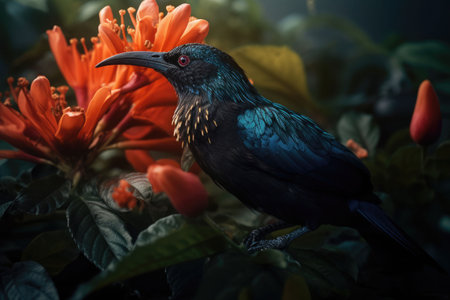 Colored tropical bird and beautiful surreal flowers. Generative AI illustrationの素材