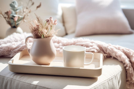 Blanket, flowers and cup of tea on a serving tray. Still life winter details in home interior. Generative AI illustrationの素材