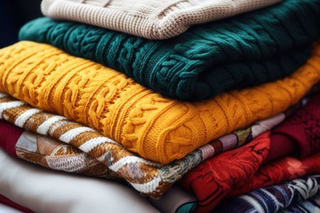 Stack of various colorful knitted warm sweaters. Generative AI illustrationの素材