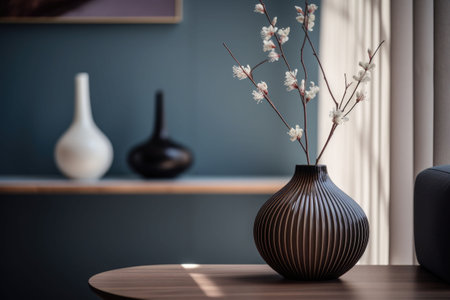 Simple minimal elegant scene with vase and flowers on deep dark background. Home staging, minimal decor concept. Generative AI illustrationの素材