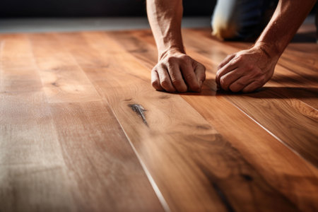 A worker's hands installing a new hardwood floor. Generative AI illustrationの素材