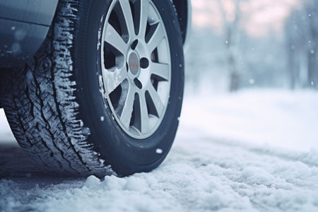 Car tires in winter on the road covered with snow. Generative AI illustrationの素材