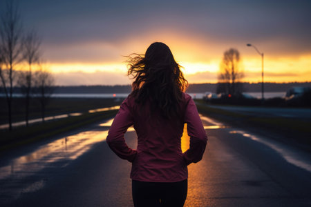 Woman running at dusk. Athlete woman on cold run jogging fast. Generative AI illustrationの素材